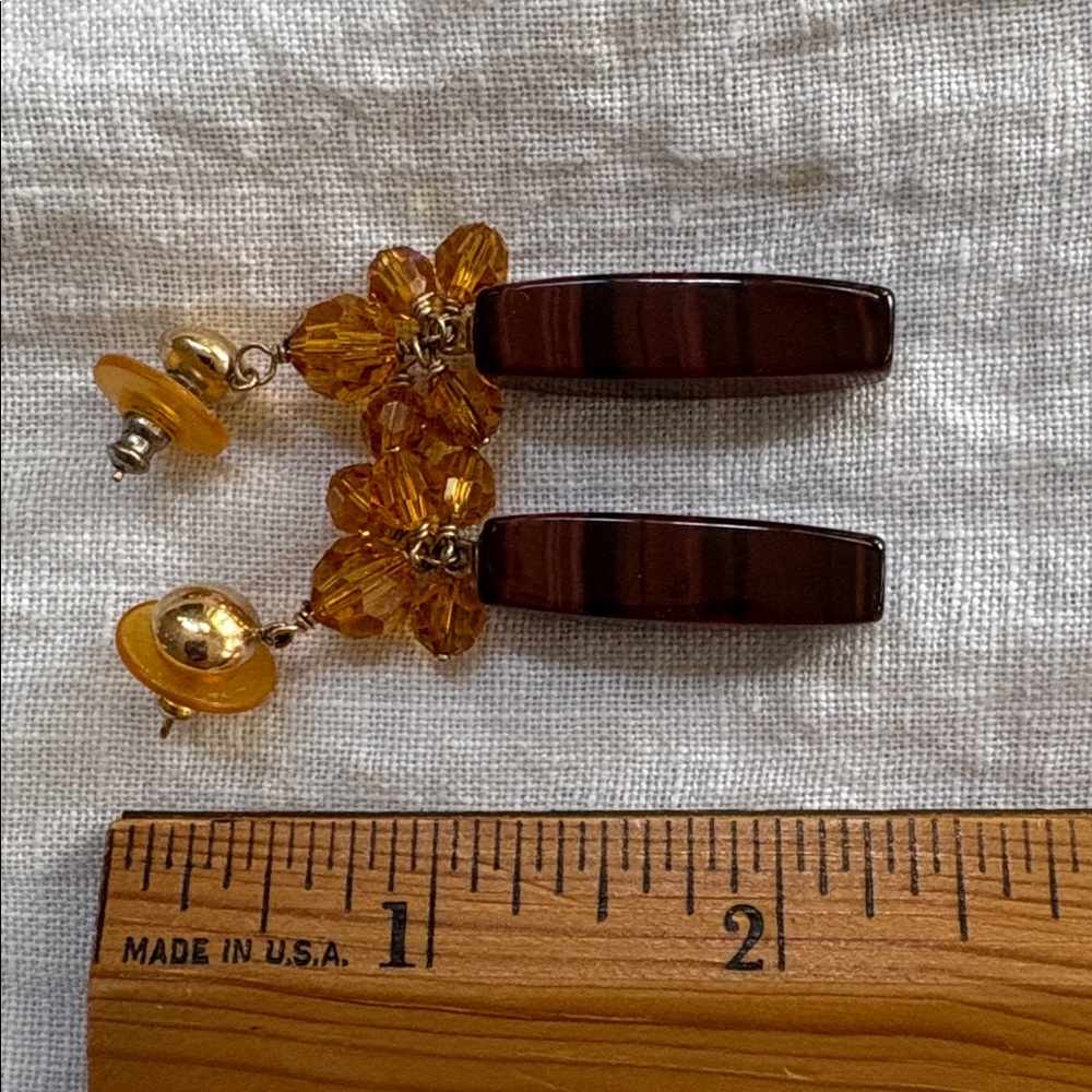 Vintage Handmade 14 K GF Gold and Brown Tiger Eye and Crystal Beaded Earrings - Picture 7 of 10
